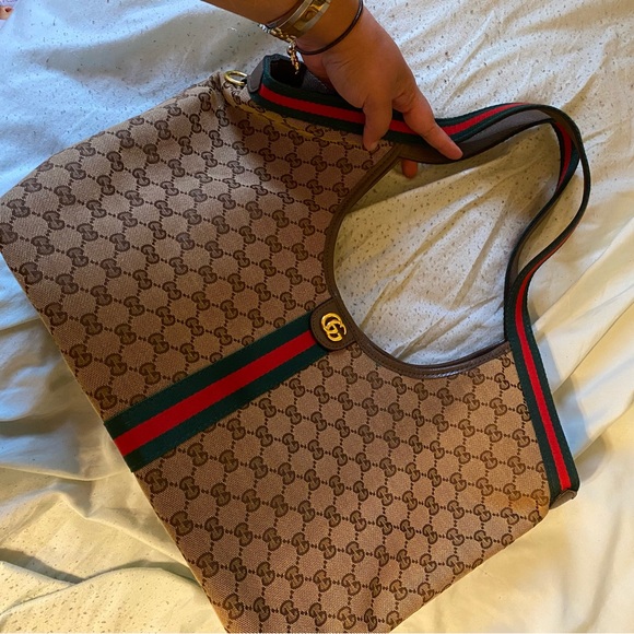 Gucci Brown Tote with Green and Red Stripes - Picture 1 of 4